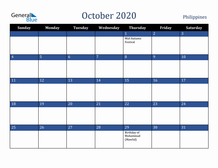 October 2020 Philippines Calendar (Sunday Start)