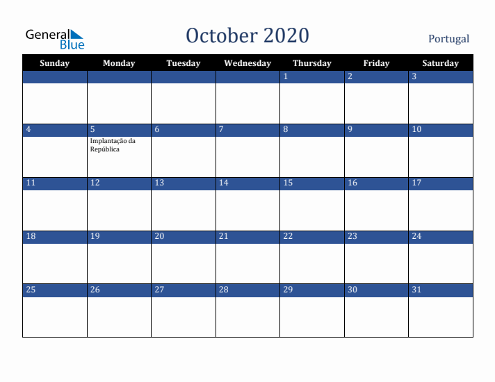 October 2020 Portugal Calendar (Sunday Start)