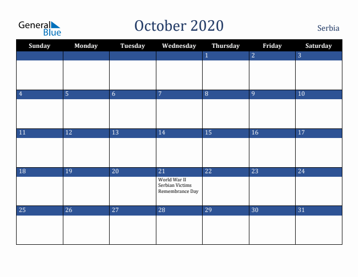 October 2020 Serbia Calendar (Sunday Start)