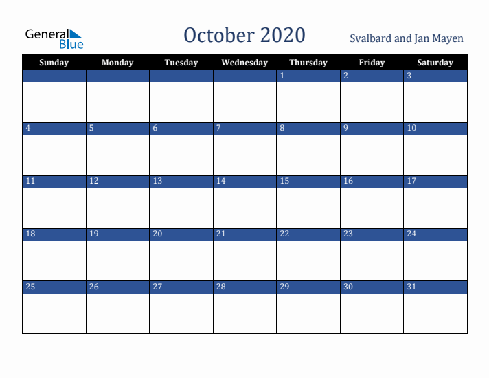 October 2020 Svalbard and Jan Mayen Calendar (Sunday Start)