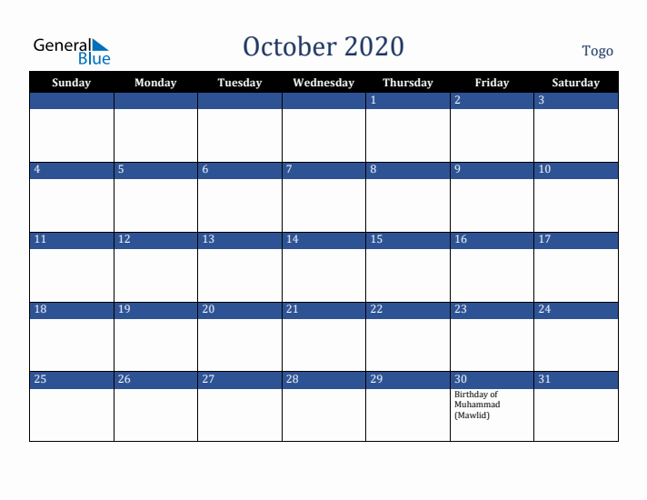 October 2020 Togo Calendar (Sunday Start)