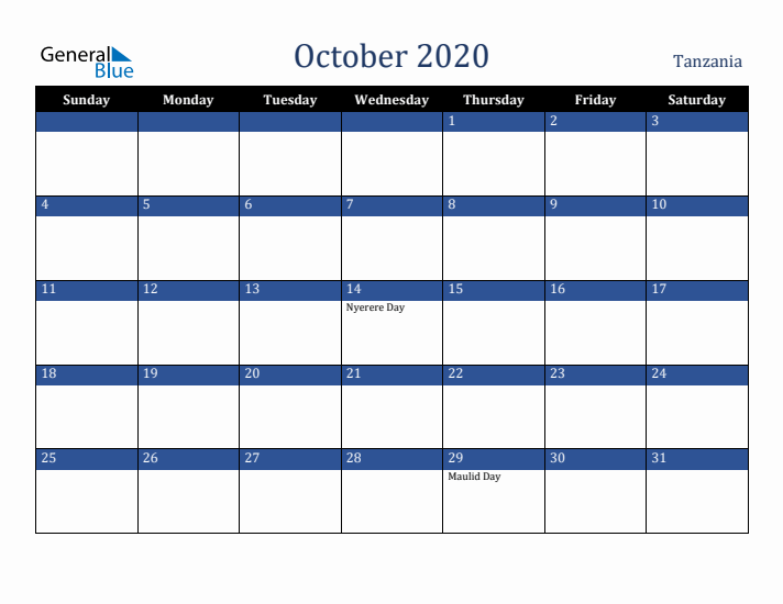 October 2020 Tanzania Calendar (Sunday Start)