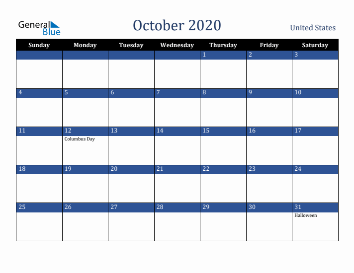 October 2020 United States Calendar (Sunday Start)