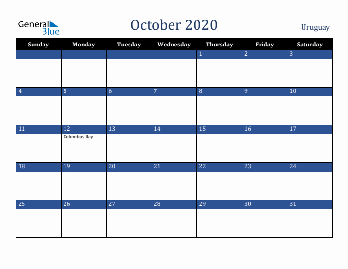 October 2020 Uruguay Calendar (Sunday Start)