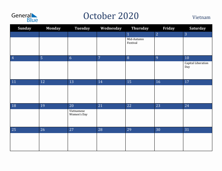October 2020 Vietnam Calendar (Sunday Start)
