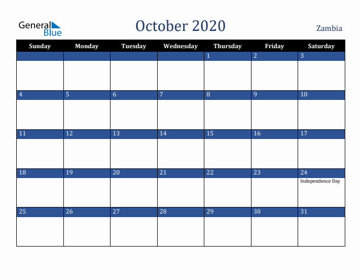 October 2020 Zambia Calendar (Sunday Start)