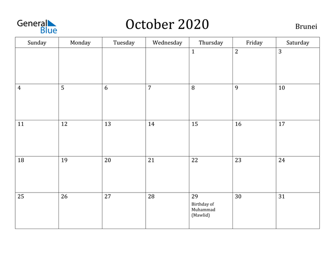 brunei october 2020 calendar with holidays