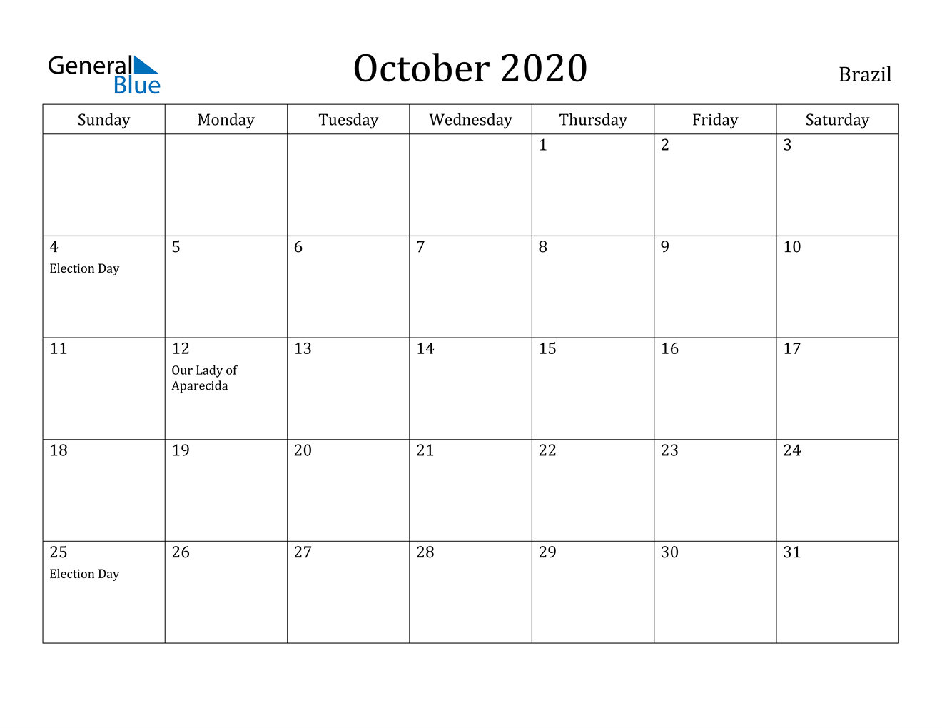 October 2020 Calendar Brazil