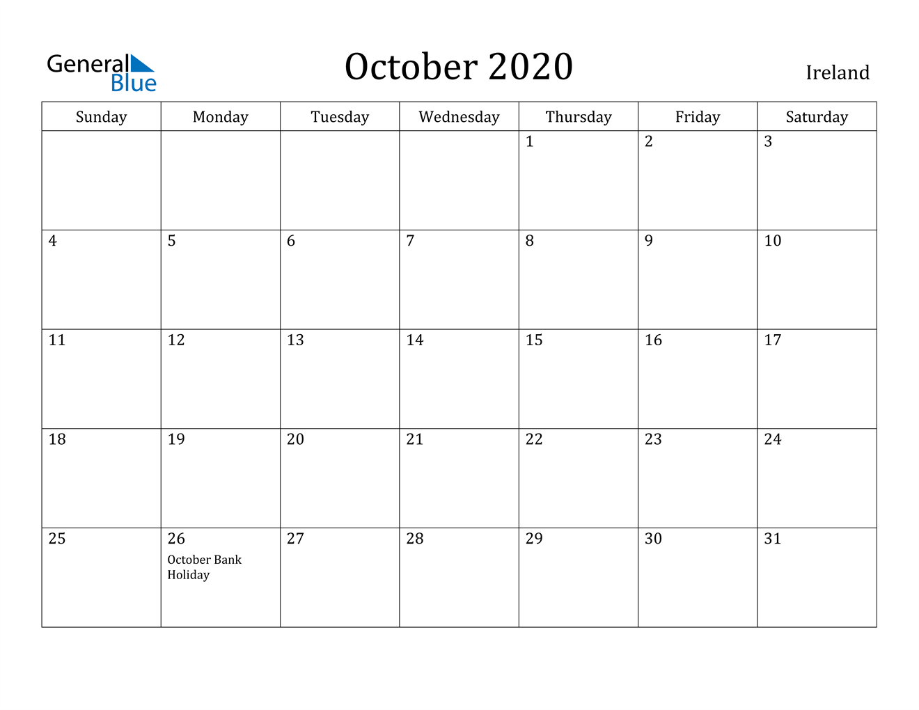 October 2020 Calendar - Ireland