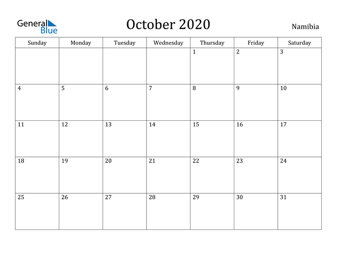 namibia october 2020 calendar with holidays