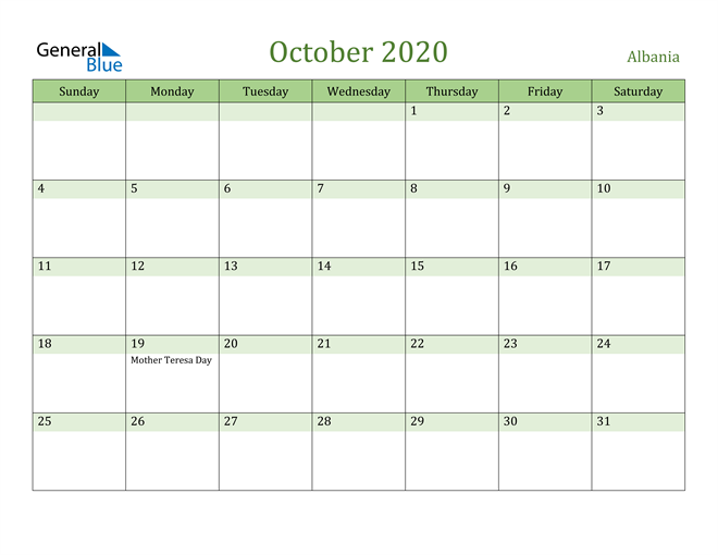 October 2020 Calendar with Albania Holidays