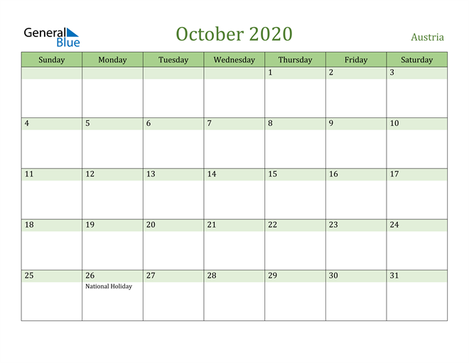 October 2020 Calendar with Austria Holidays