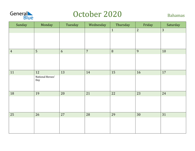 October 2020 Calendar with Bahamas Holidays