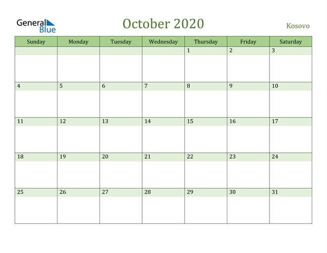 October 2020 Calendar with Kosovo Holidays