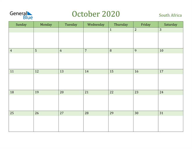 October 2020 Calendar with South Africa Holidays