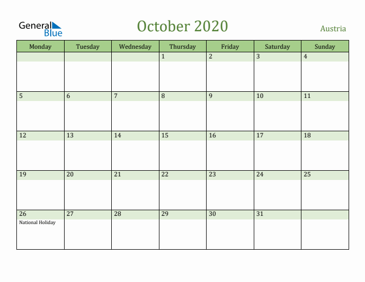 October 2020 Calendar with Austria Holidays