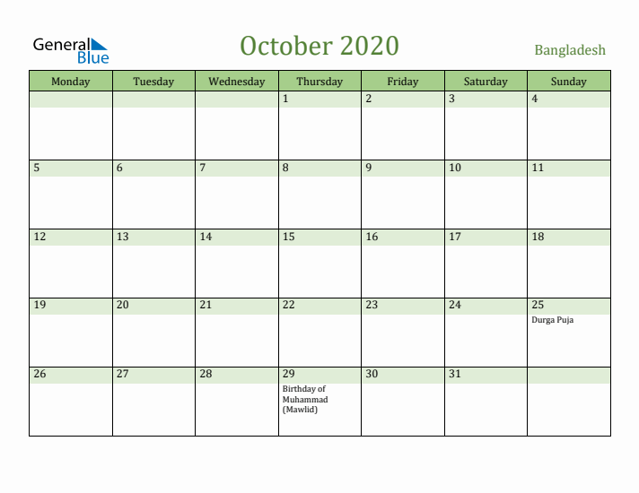 October 2020 Calendar with Bangladesh Holidays