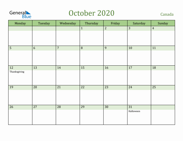 October 2020 Calendar with Canada Holidays