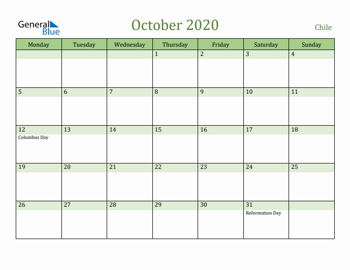 October 2020 Calendar with Chile Holidays