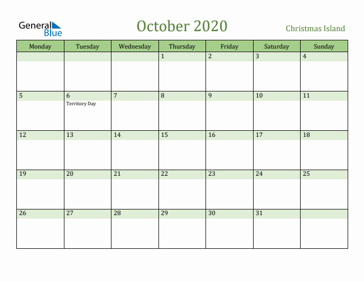October 2020 Calendar with Christmas Island Holidays