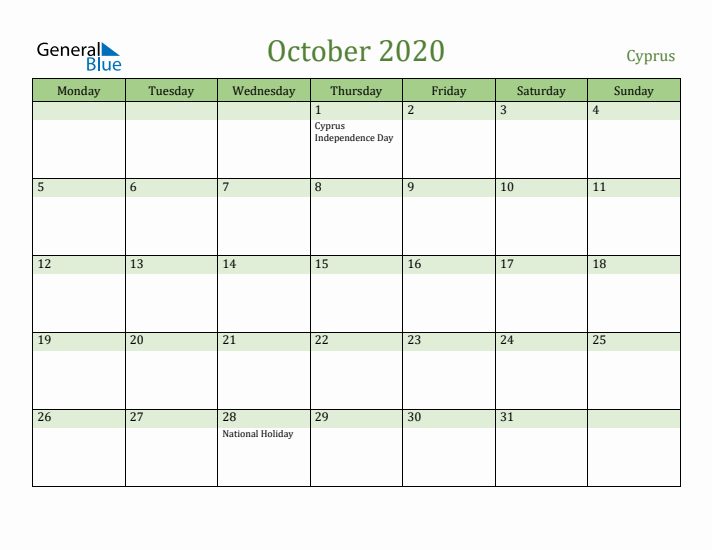 October 2020 Calendar with Cyprus Holidays
