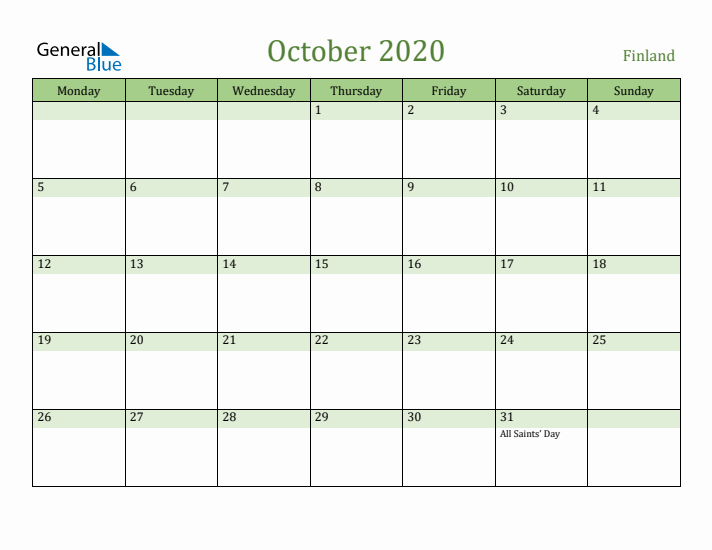 October 2020 Calendar with Finland Holidays
