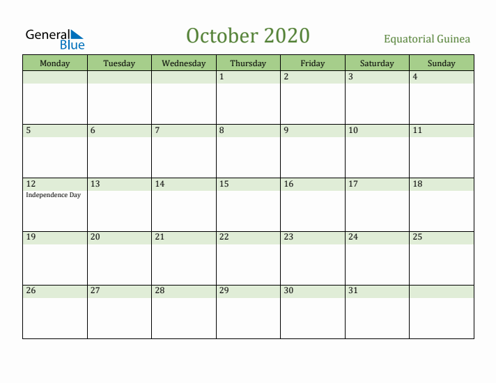 October 2020 Calendar with Equatorial Guinea Holidays