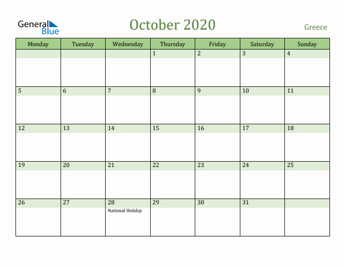 October 2020 Calendar with Greece Holidays