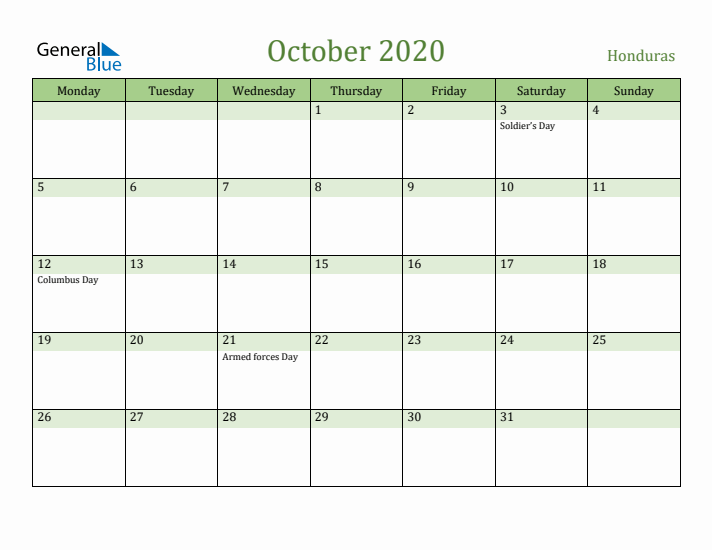 October 2020 Calendar with Honduras Holidays