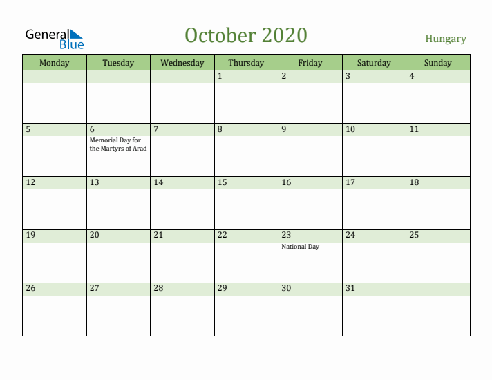 October 2020 Calendar with Hungary Holidays