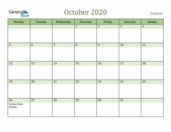 October 2020 Calendar with Ireland Holidays