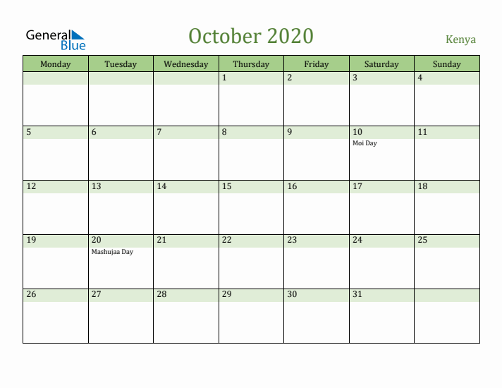 October 2020 Calendar with Kenya Holidays