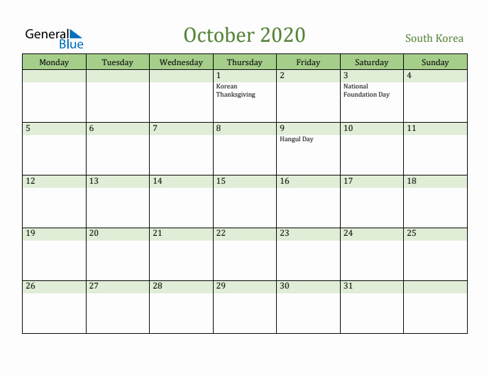 October 2020 Calendar with South Korea Holidays