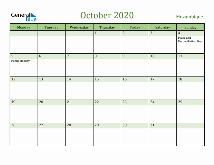 October 2020 Calendar with Mozambique Holidays