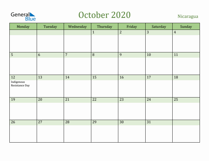 October 2020 Calendar with Nicaragua Holidays