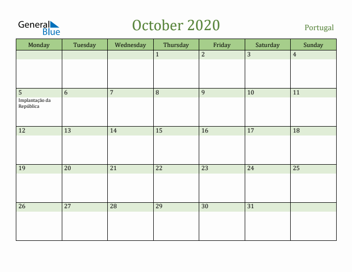 October 2020 Calendar with Portugal Holidays