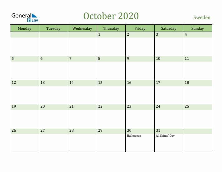 October 2020 Calendar with Sweden Holidays
