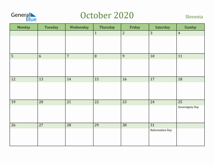 October 2020 Calendar with Slovenia Holidays