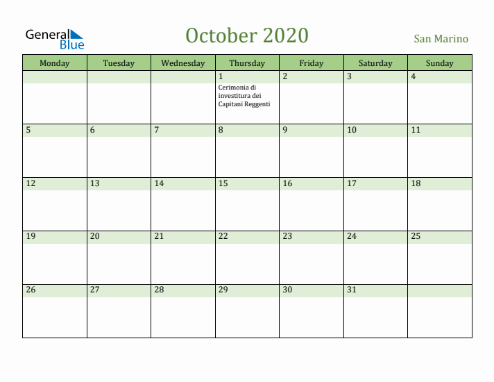 October 2020 Calendar with San Marino Holidays