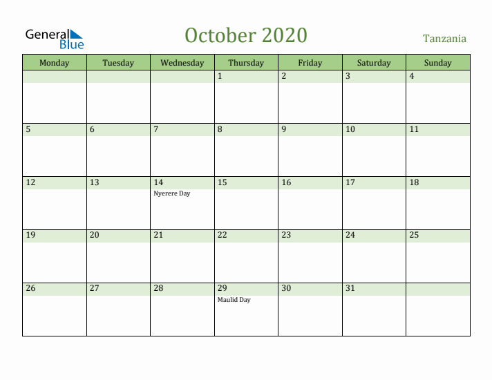 October 2020 Calendar with Tanzania Holidays