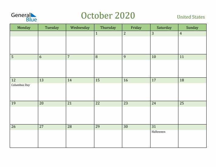 October 2020 Calendar with United States Holidays