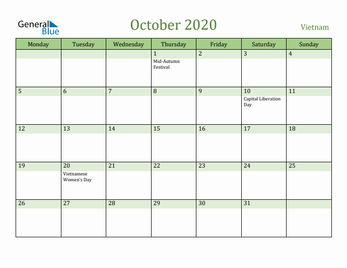 October 2020 Calendar with Vietnam Holidays