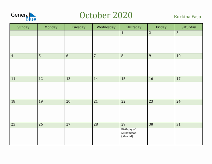 October 2020 Calendar with Burkina Faso Holidays