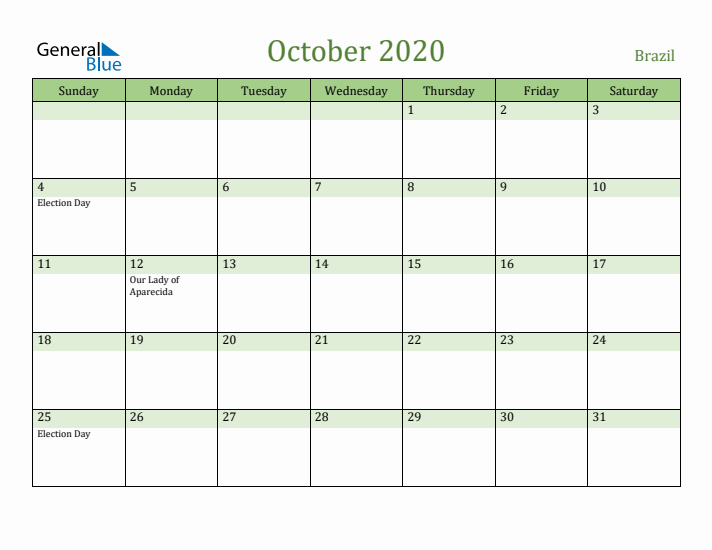 October 2020 Calendar with Brazil Holidays