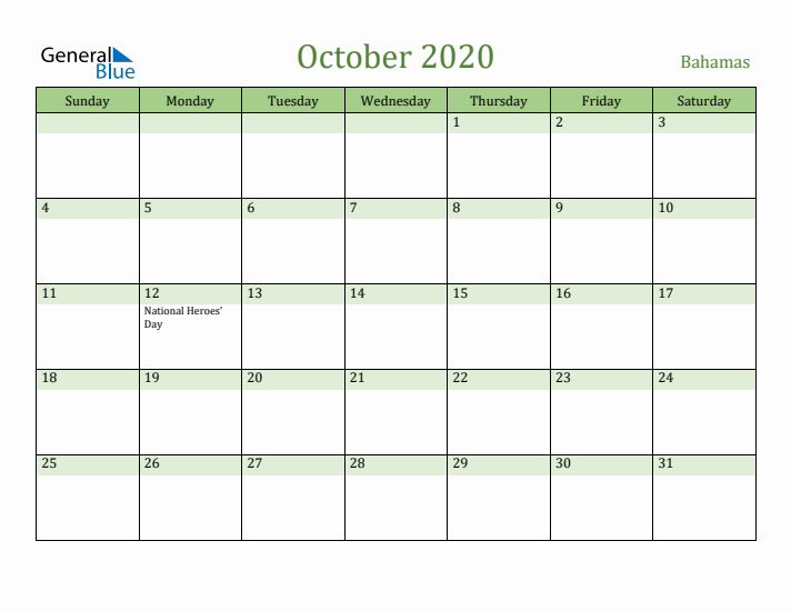 October 2020 Calendar with Bahamas Holidays