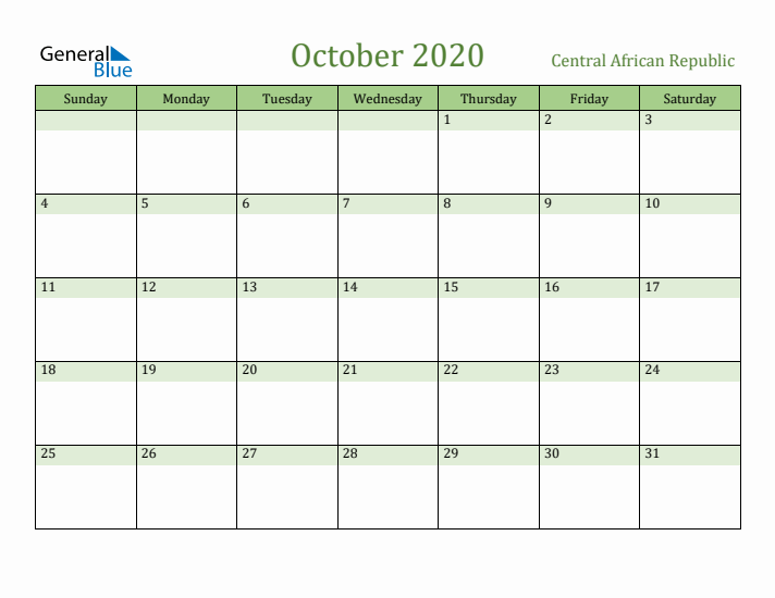 October 2020 Calendar with Central African Republic Holidays
