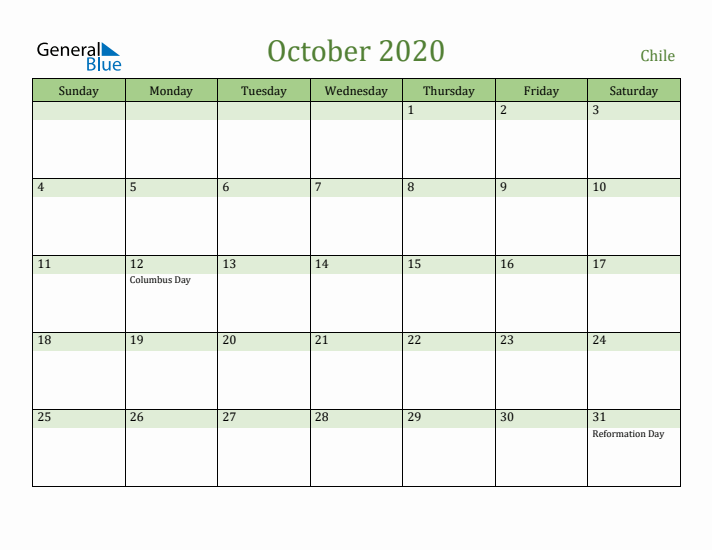 October 2020 Calendar with Chile Holidays