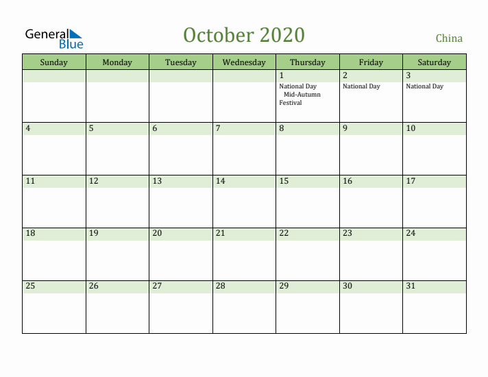 October 2020 Calendar with China Holidays