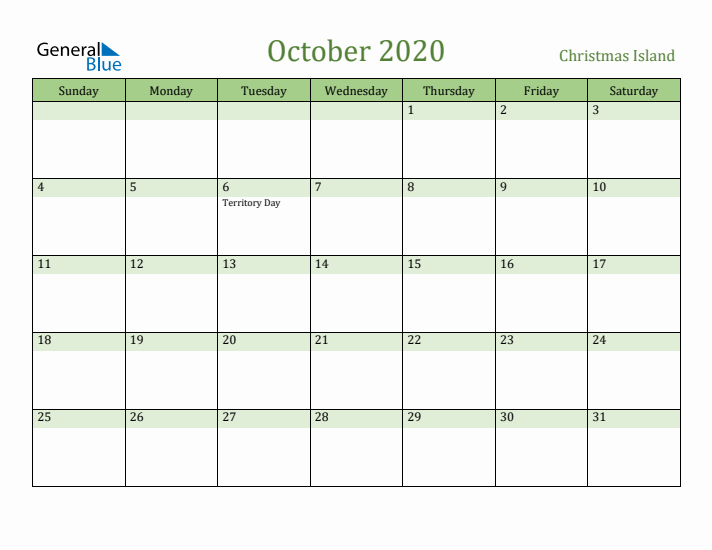 October 2020 Calendar with Christmas Island Holidays