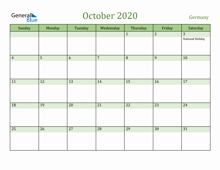 October 2020 Calendar with Germany Holidays